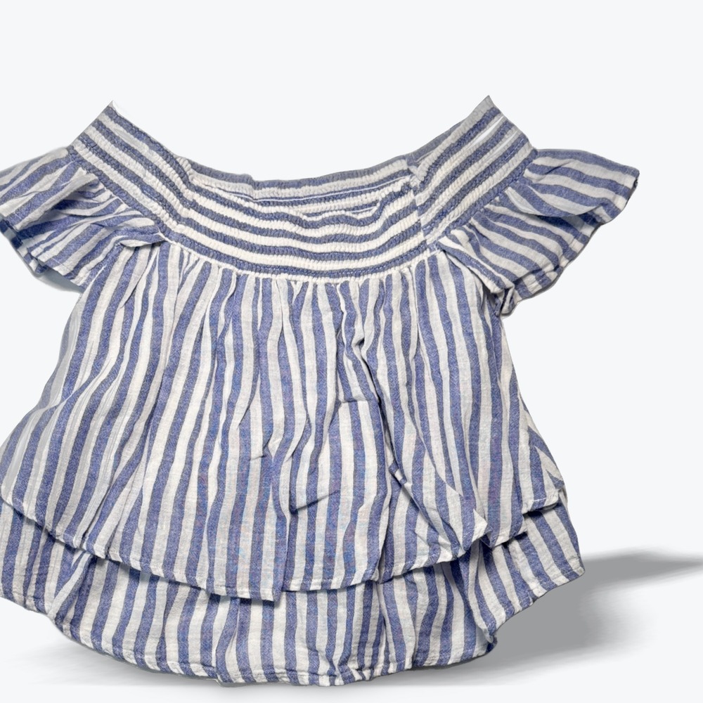 Rails Boracay Blouse Off Shoulder Ruffles Blue White Stripes Linen Blend Small